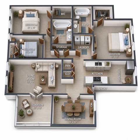 Floor plan for 3 beds, 2 baths, 1600 sqft